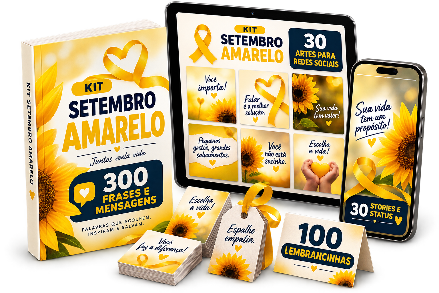 Capa do Kit Setembro Amarelo com exemplos de lembrancinhas, tags e mensagens